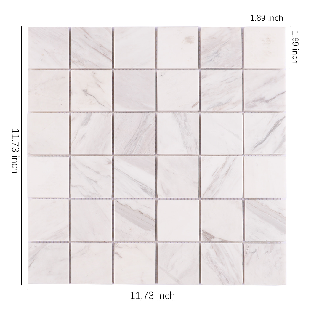 Jazz White natural marble square mosaic tile with inch size measurements.