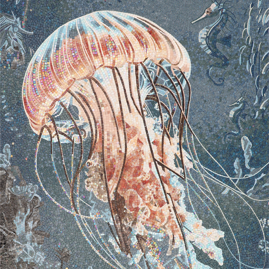 Complete jellyfish mosaic wall scene