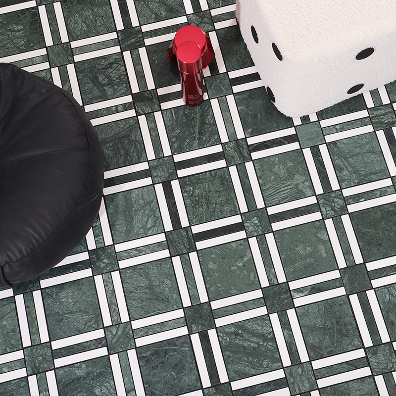 Kiechen tiles floor with green and white checkered pattern for modern interiors.