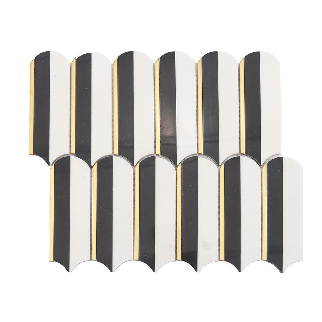 Full sheet of black and white arch marble mosaic tile with slim gold lines