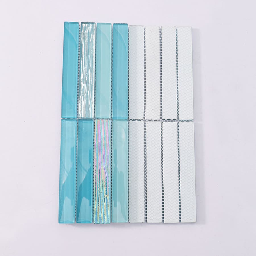 Back view of lake blue glass mosaic tile sheet with mesh backing