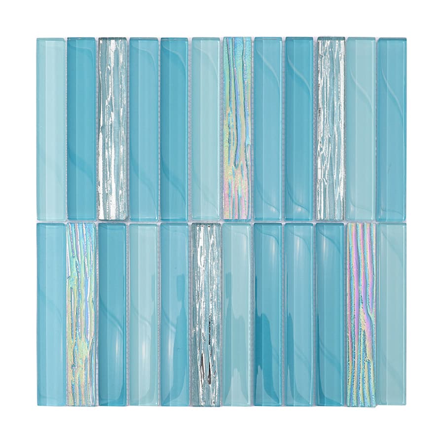 Full sheet of lake blue and silver glass mosaic tile
