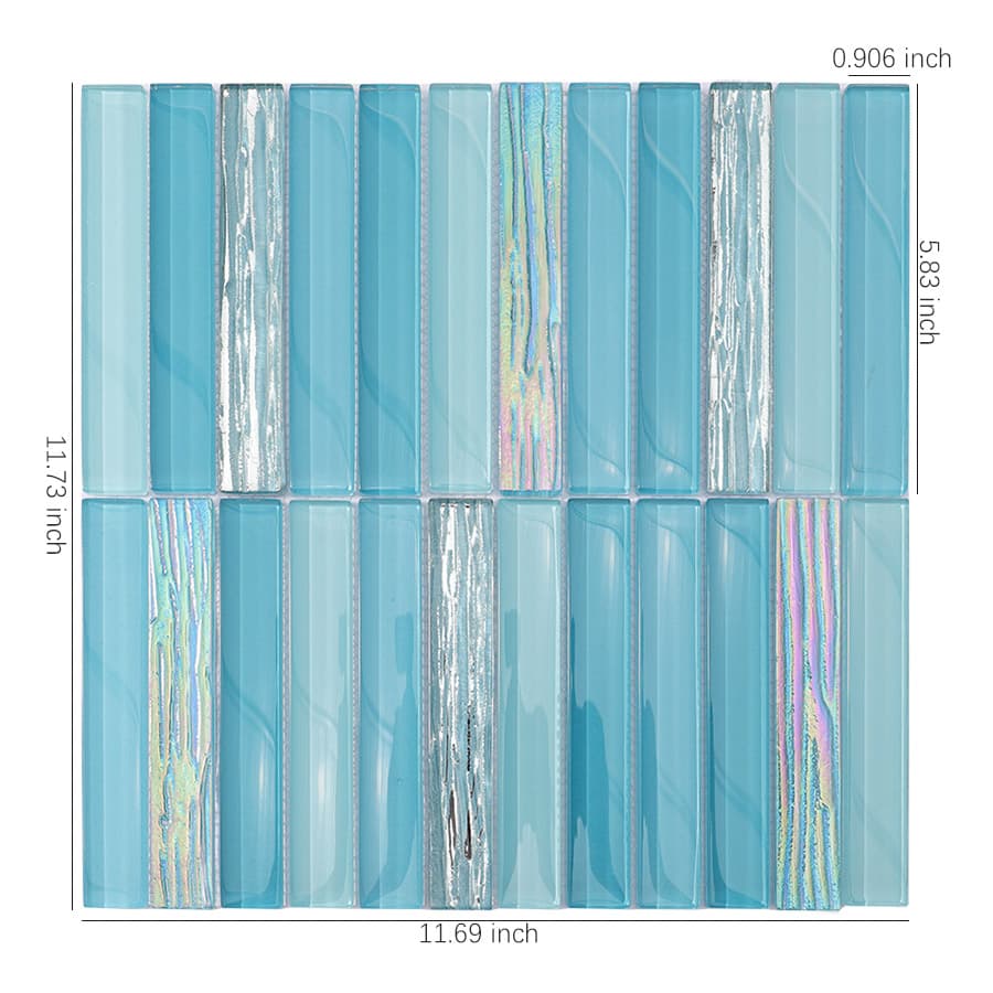 Lake blue and silver glass mosaic wall tile with measurement dimensions
