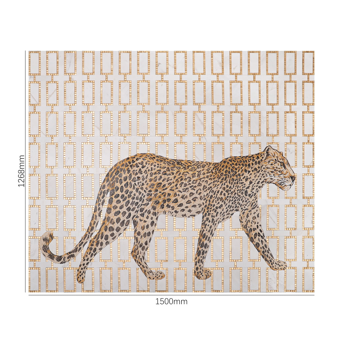 Large leopard mosaic wall art with detailed measurements in glass and marble