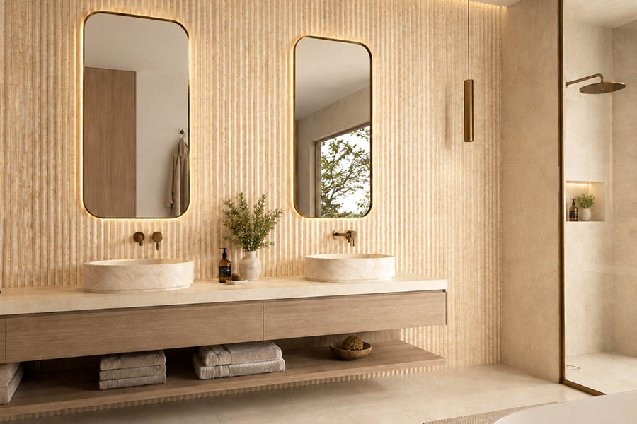 Large marble tile bathroom with fluted stone wall, double vanity, and shower