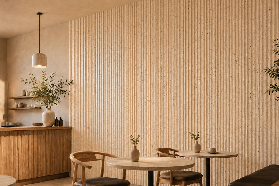 Large travertine tiles creating a warm fluted feature wall in a modern cafe