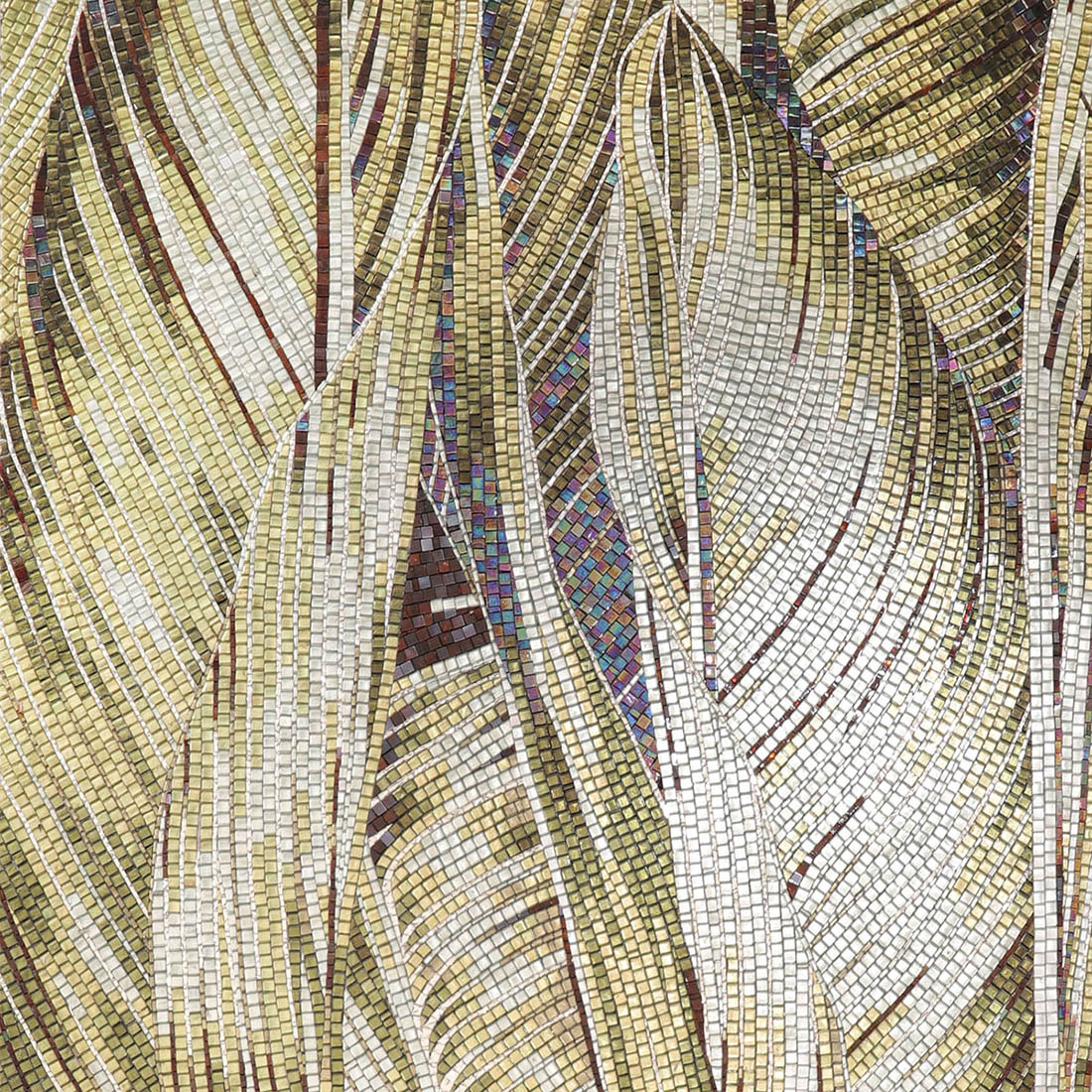 Large tropical leaf glass mosaic wall mural in green and ivory tones