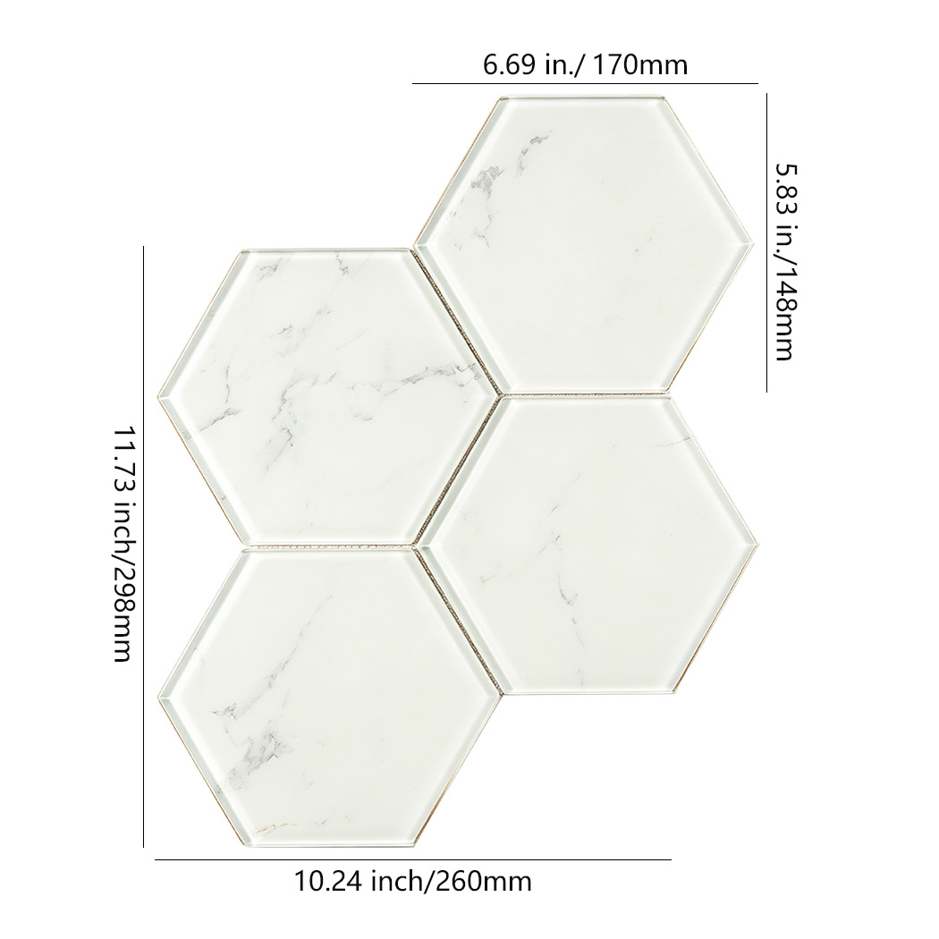 Large white marble look hexagon glass tile sheet with size marks