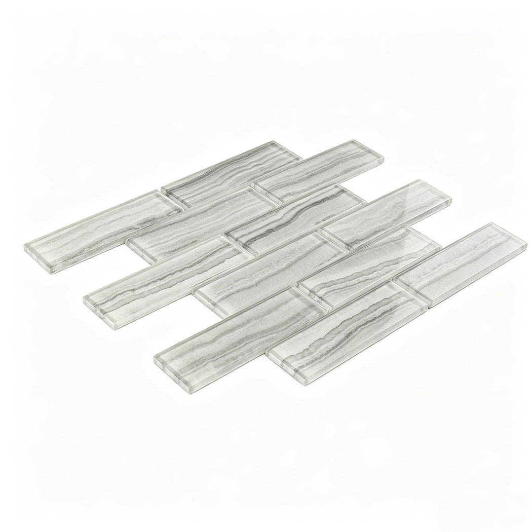 White gray glass brick subway tile sample with layered stone stripe design
