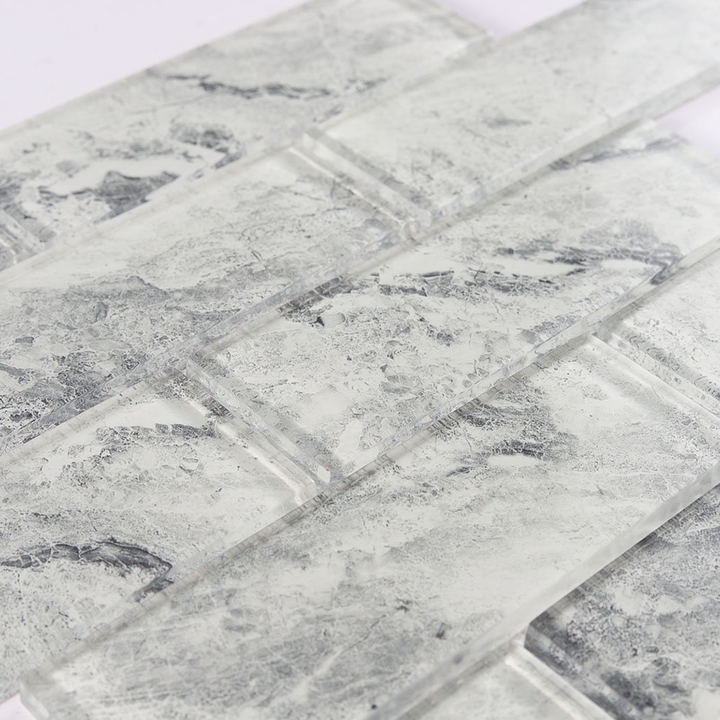 Layered white gray glass brick tile surface with cloudy stone like texture