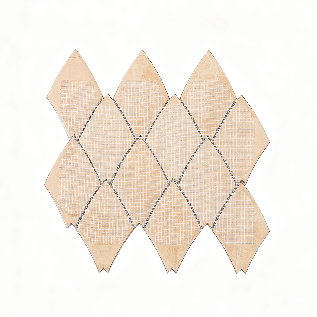 Back view of leaf shape aluminum mosaic tile sheet with mesh backing