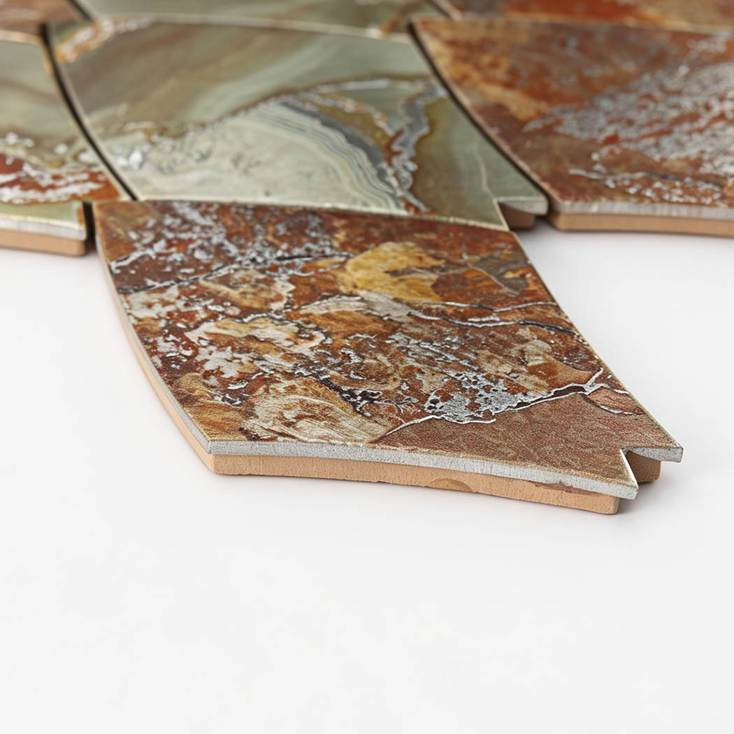 Side view showing edge thickness and ceramic core of leaf aluminum tile
