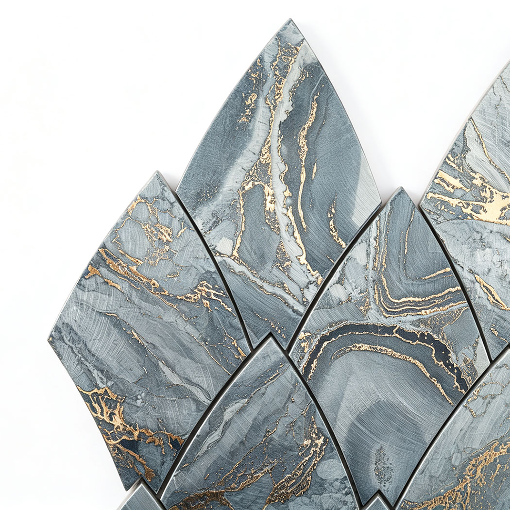 Top view of blue and gold leaf shape aluminum mosaic tile corner