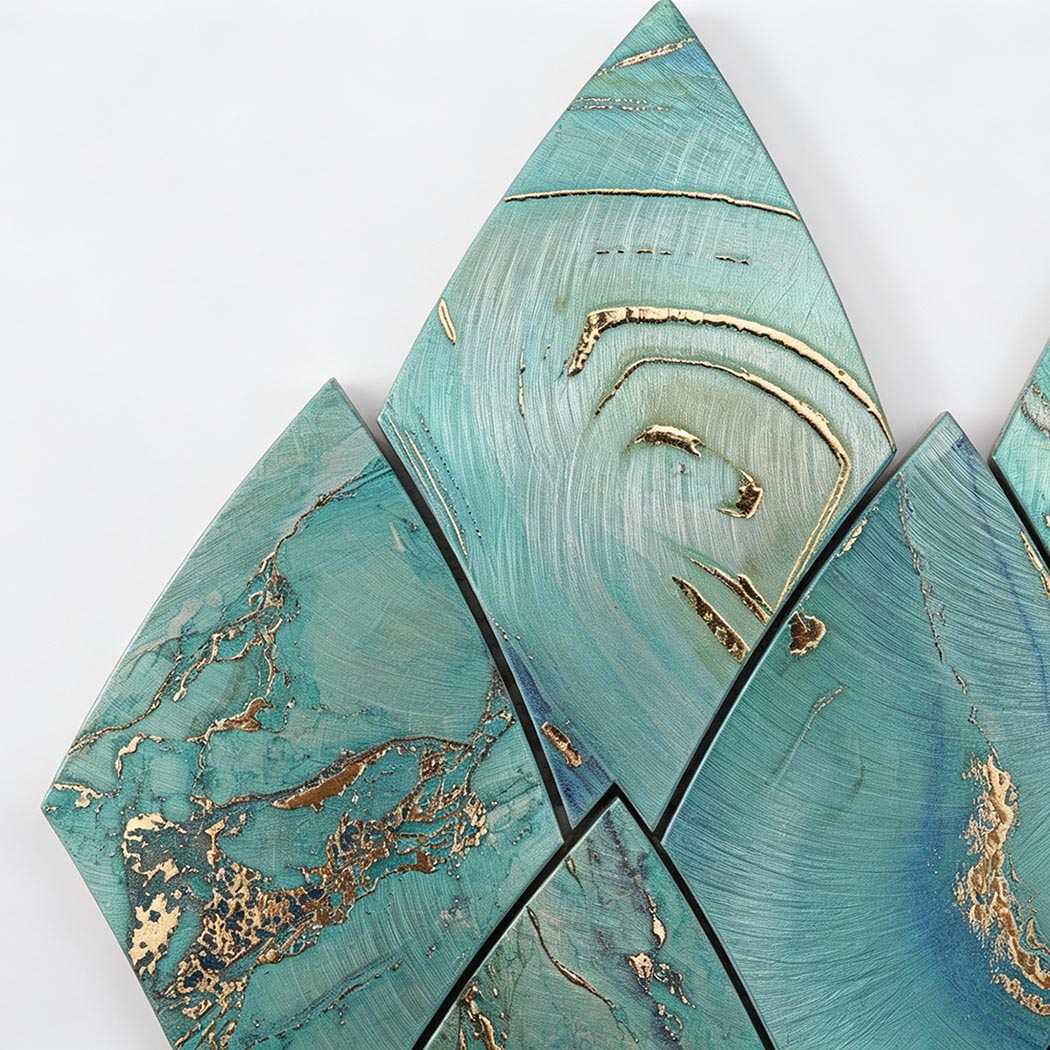 Top view of teal and gold leaf shape aluminum mosaic tile corner