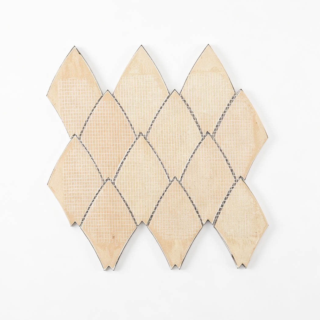 Rear view of leaf shape aluminum mosaic tile sheet with mesh backing