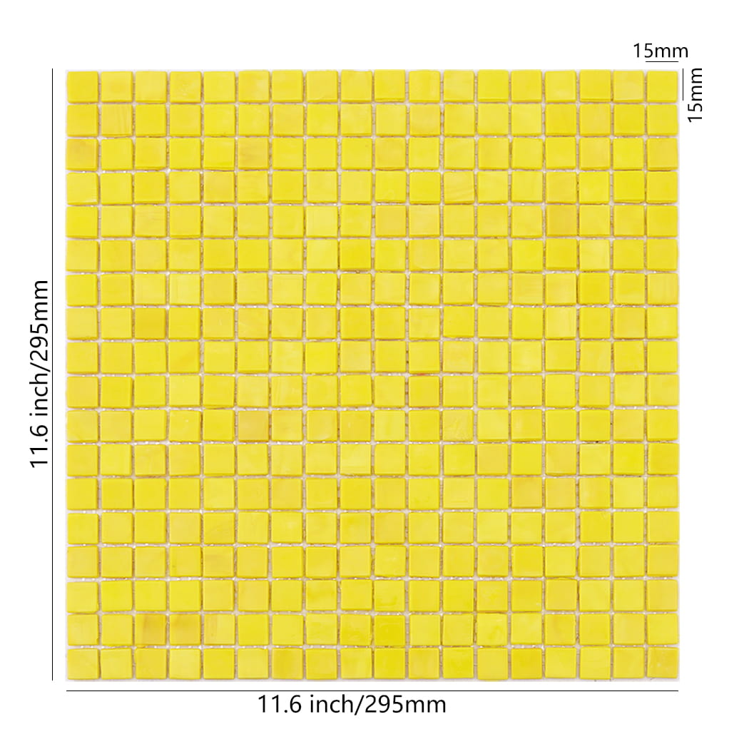 Lemon yellow square glass mosaic tile sheet with dimensions shown