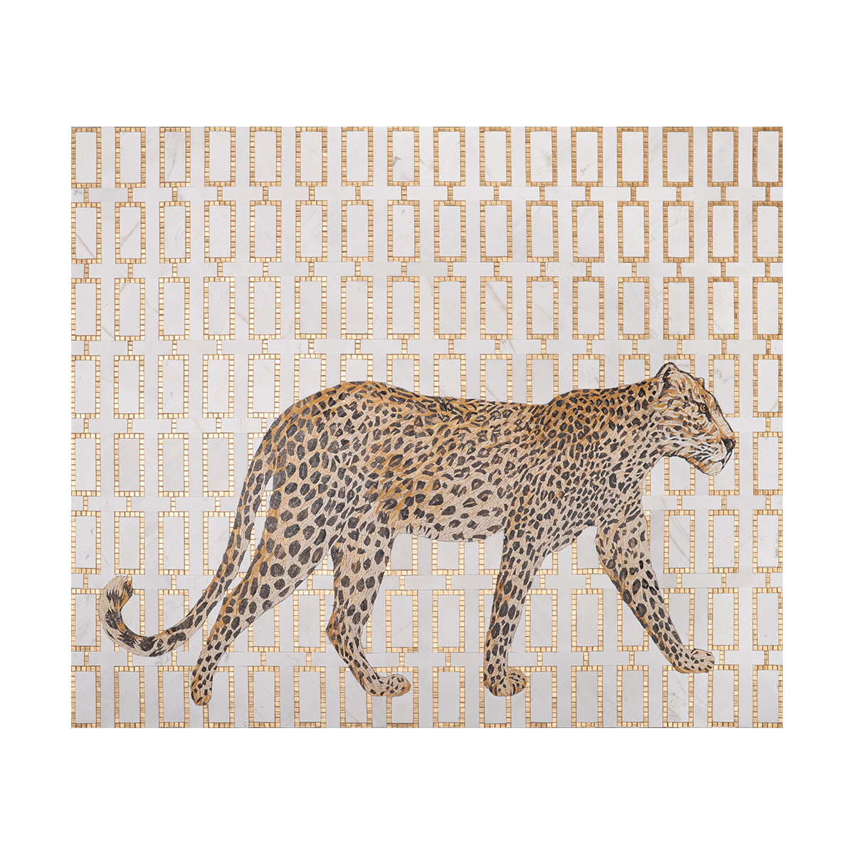 Full-length leopard mosaic design featuring glass and marble tiles
