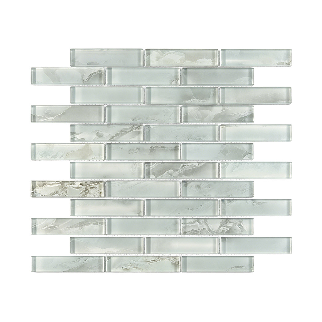 Light aqua marble look glass subway mosaic tile sheet in staggered brick pattern
