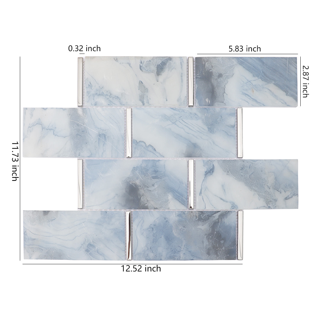 Light blue glass subway mosaic tile sheet with silver electroplated glass accents