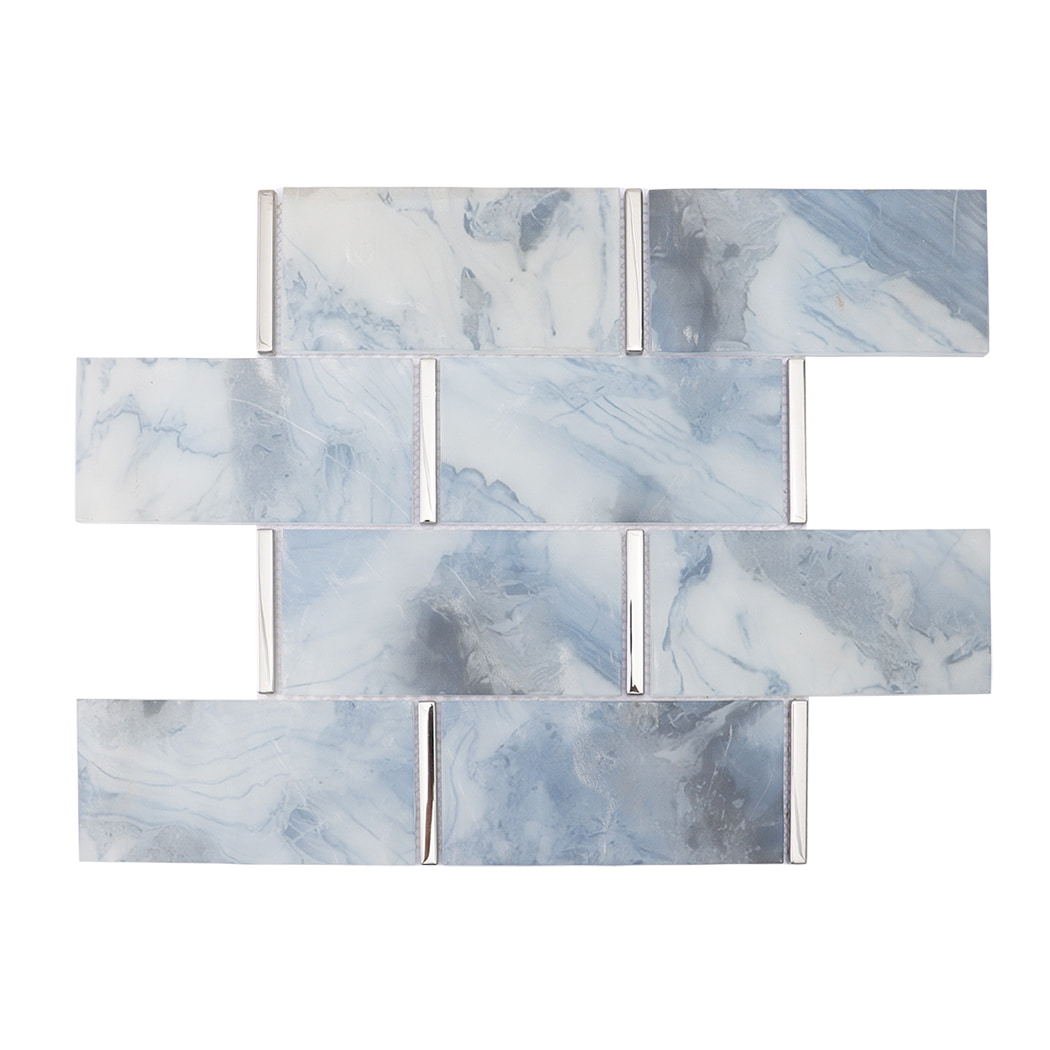 Light blue marble look glass subway mosaic tile sheet with silver accents