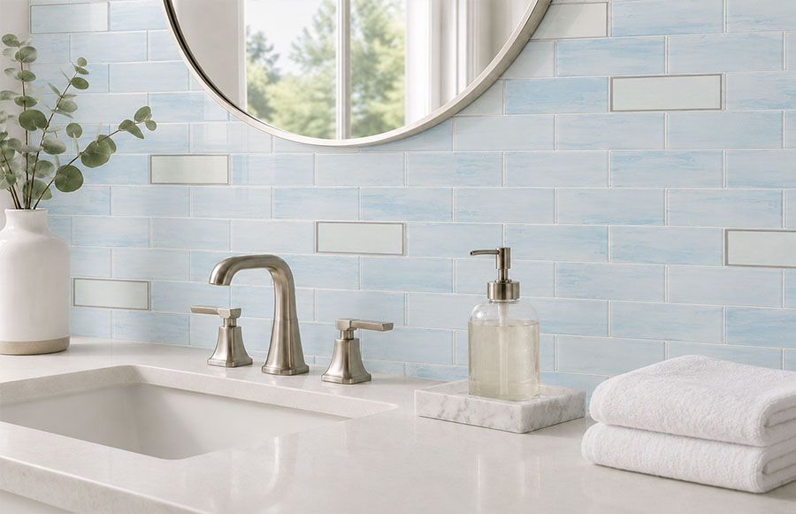 Light blue glass subway tiles with silver accents behind a bathroom vanity