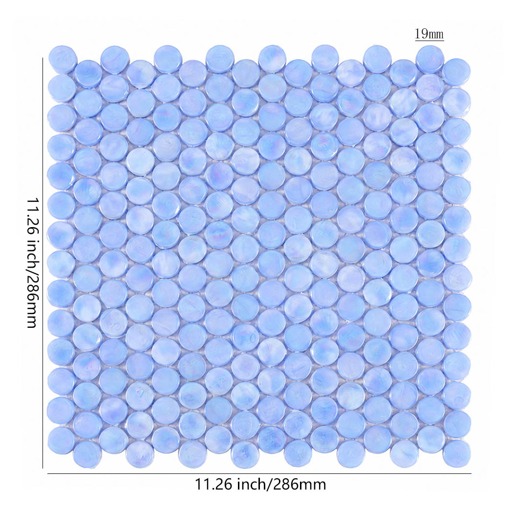 Light blue iridescent round glass mosaic tile sheet