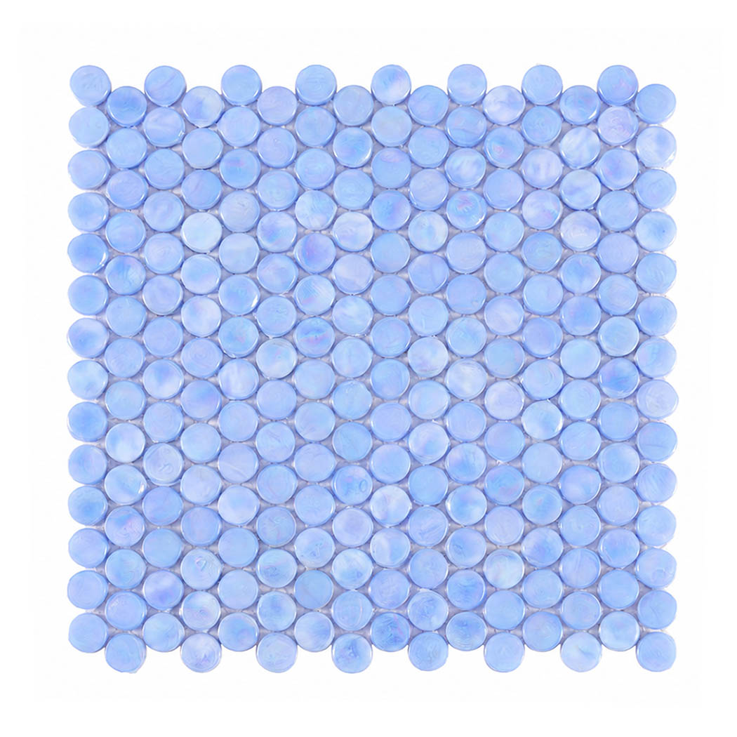 Light blue iridescent round glass mosaic tile sheet on a white background