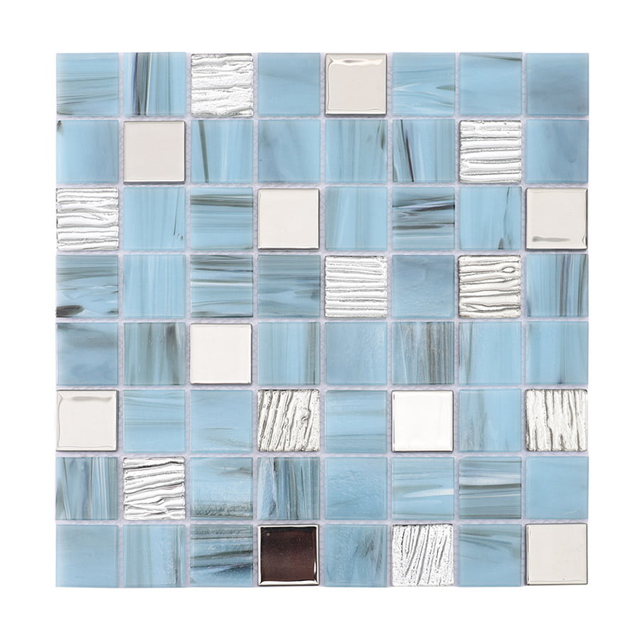 Full view of light blue mosaic tile sheet with glossy and silver textured finish
