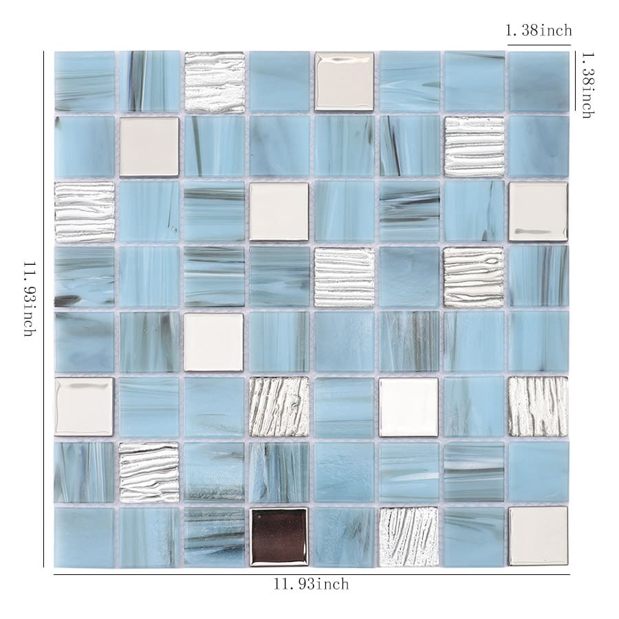 Square light blue mosaic tile sheet with silver accents and size dimensions