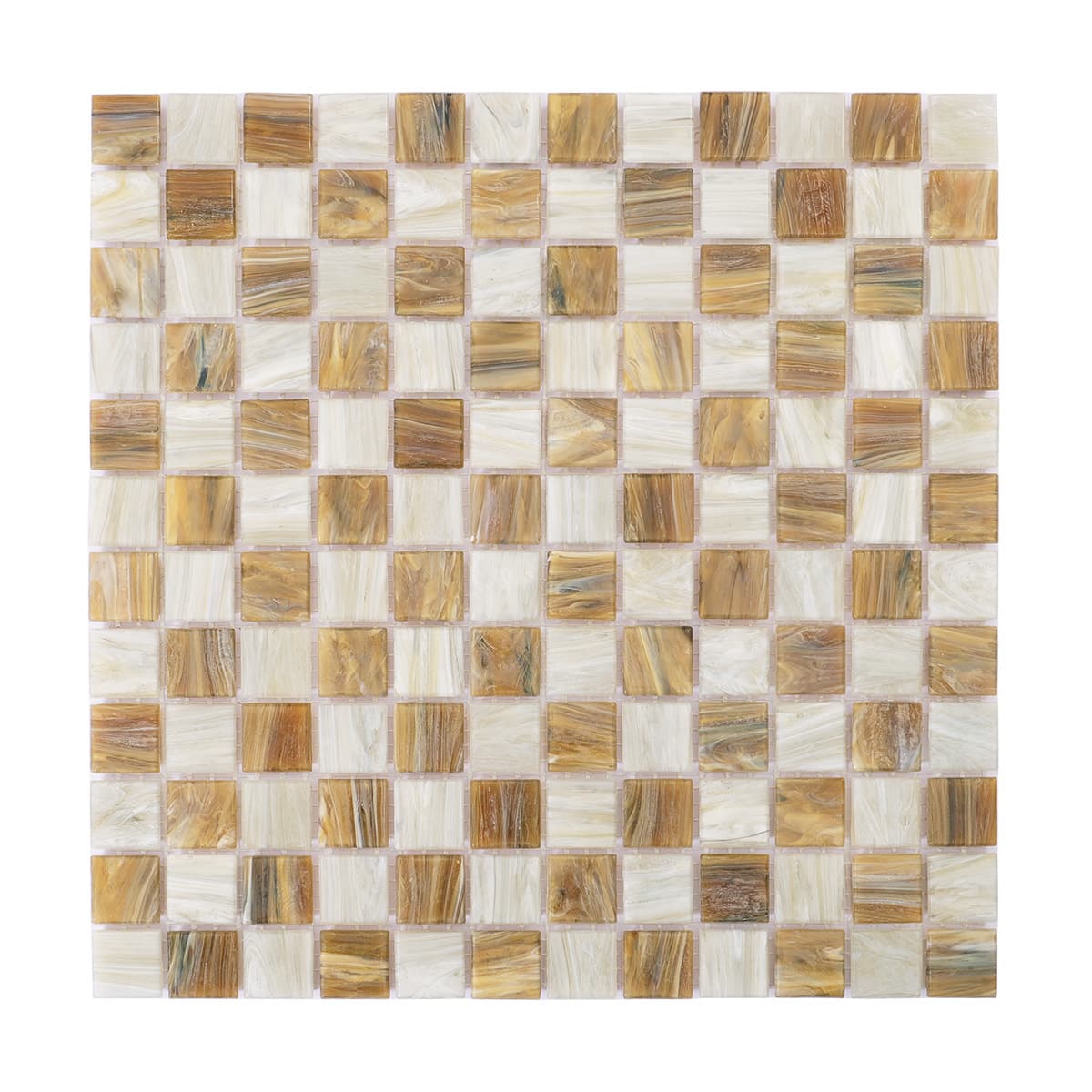 Full front view of light brown and beige checkered glass mosaic tile