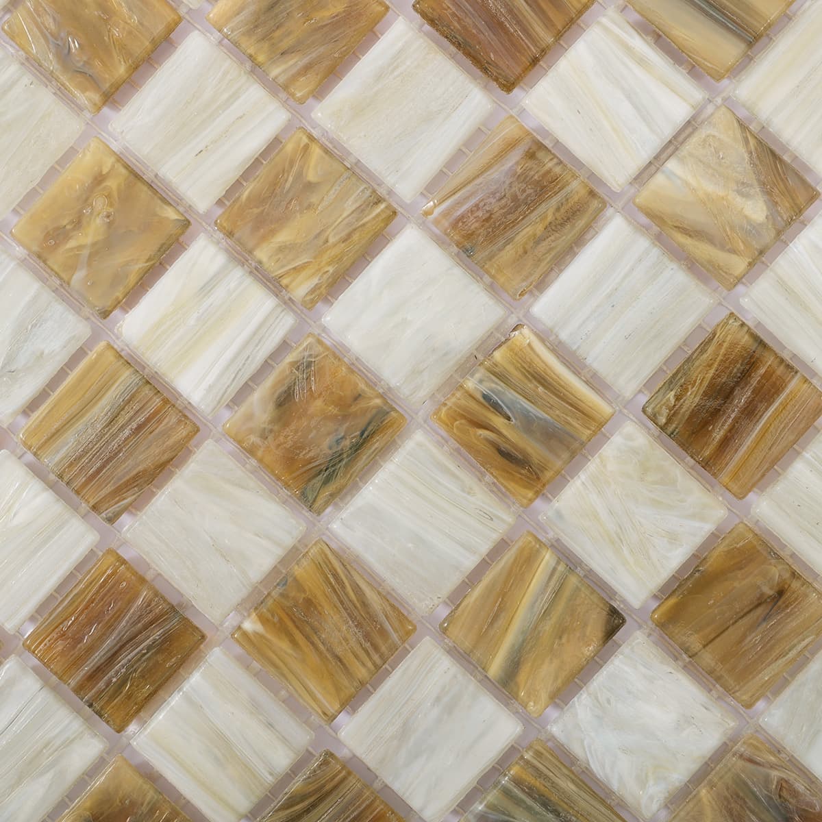 Surface texture view of light brown and beige checkered mosaic