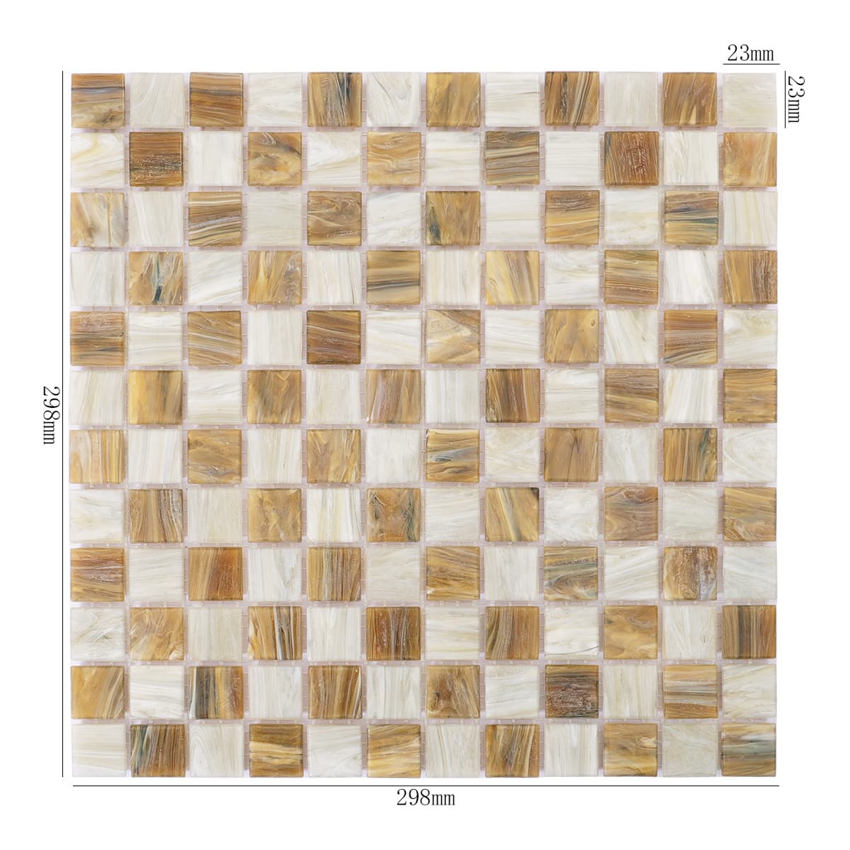 Full sheet of light brown and beige checkered glass mosaic with dimensions