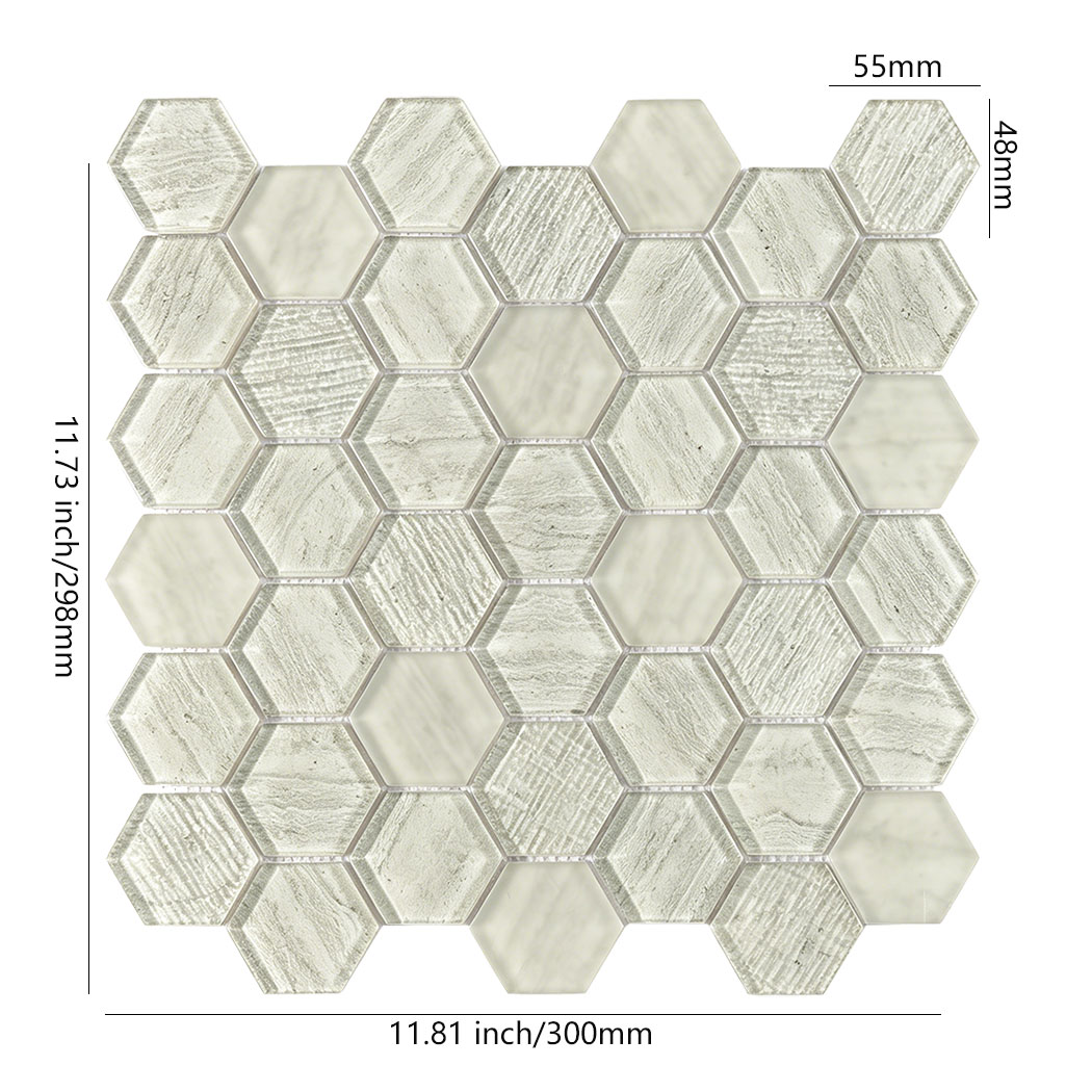 Light gray hexagon glass mosaic tile sheet with 55x48 mm chips and size marks