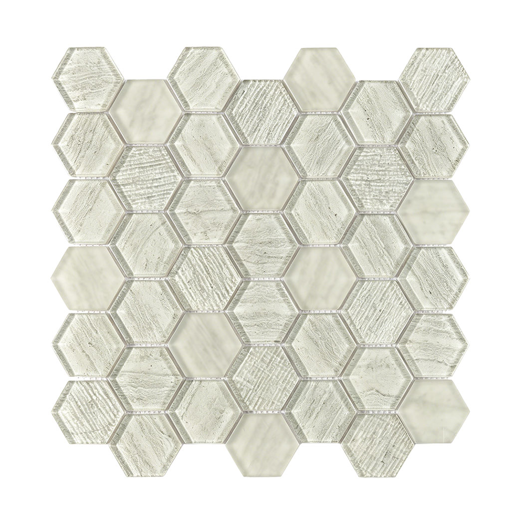 Light gray marble look hexagon glass mosaic sheet with mixed smooth and textured chips