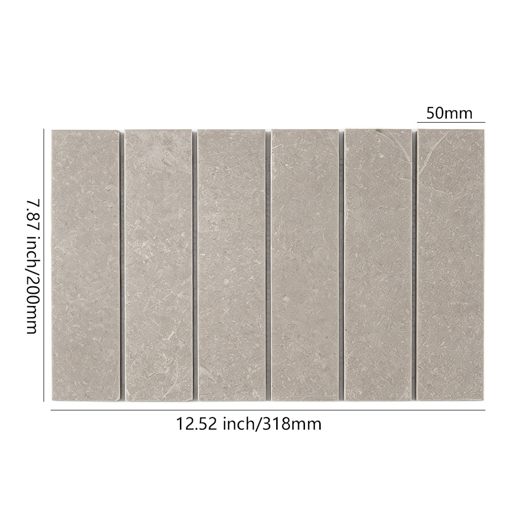 Light gray marble mosaic with 50 by 200 mm strips on a 318 by 200 mm sheet