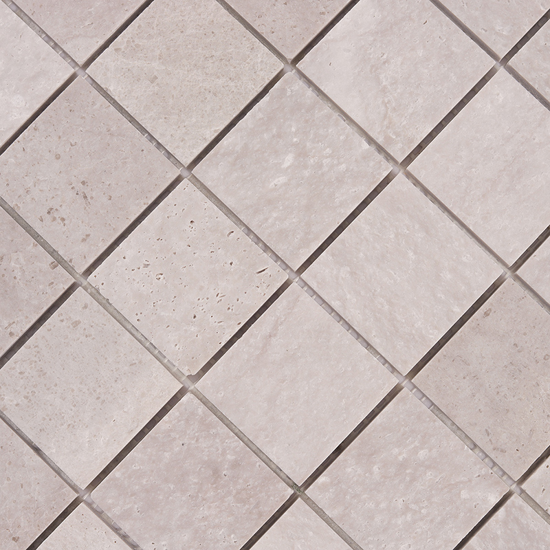 Light gray tiles in a marble square mosaic with a diagonal layout and natural finish.