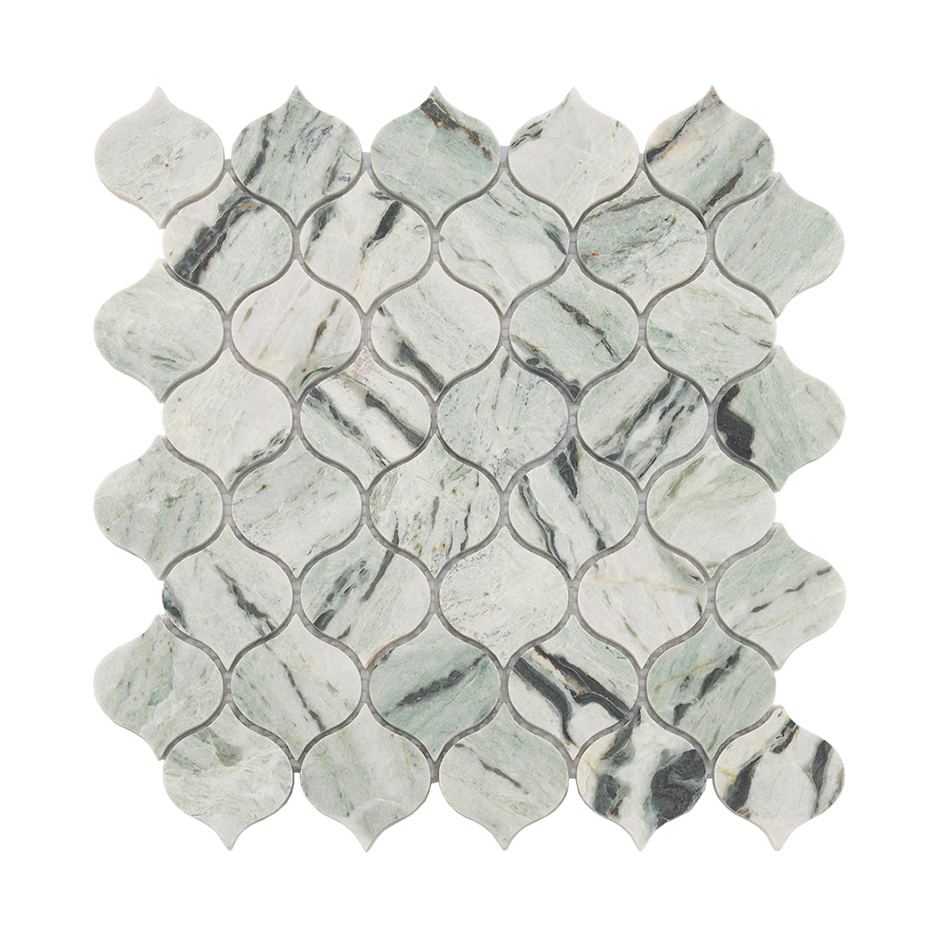 Full sheet of light green arabesque marble mosaic tile with dark veining