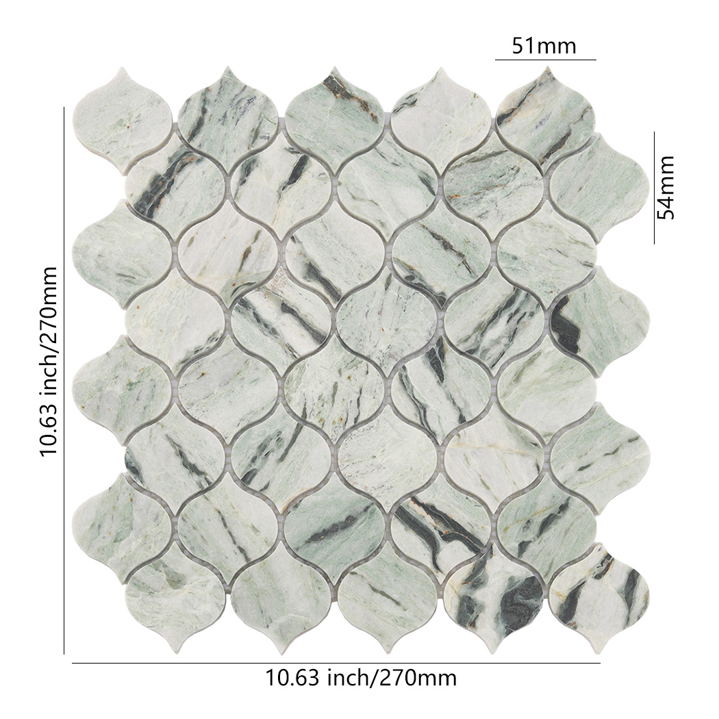 Light green arabesque marble mosaic tile sheet with 51mm lantern pieces