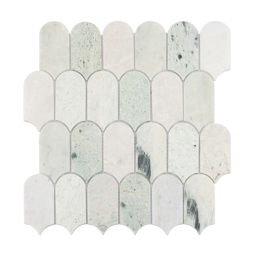 Full sheet of light green arched marble mosaic tile