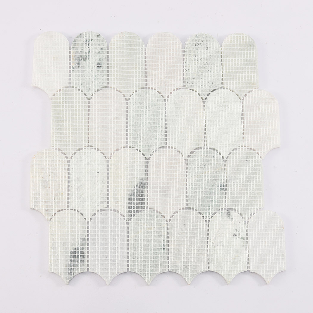 Back view of light green arched marble mosaic tile with mesh backing