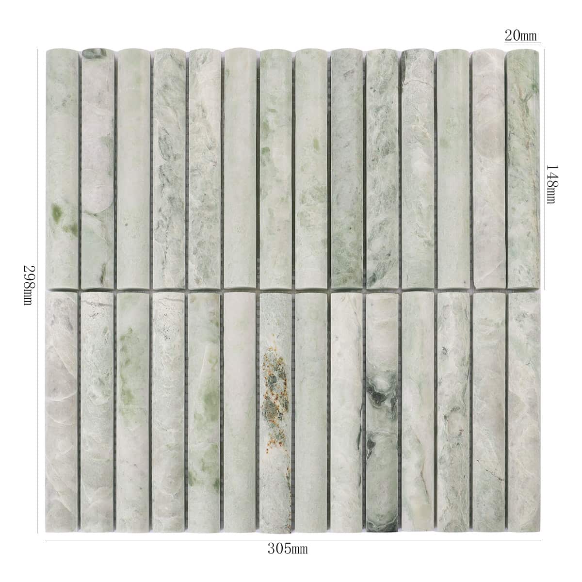 Front view of light green fluted marble mosaic tile sheet