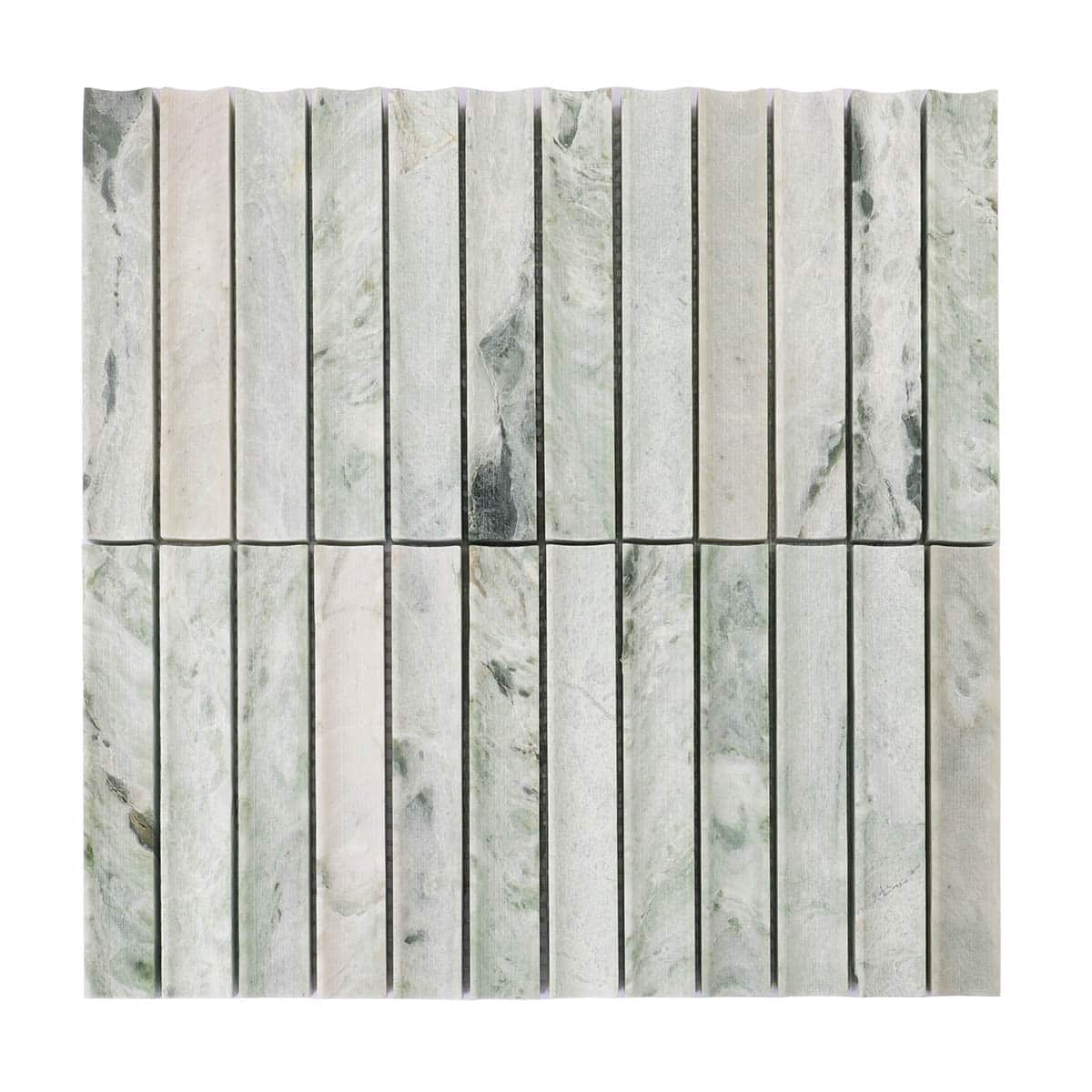 Front view of light green fluted marble stick mosaic