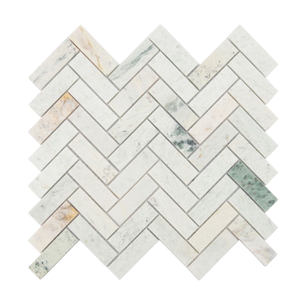 Full sheet view of light green herringbone marble mosaic tile