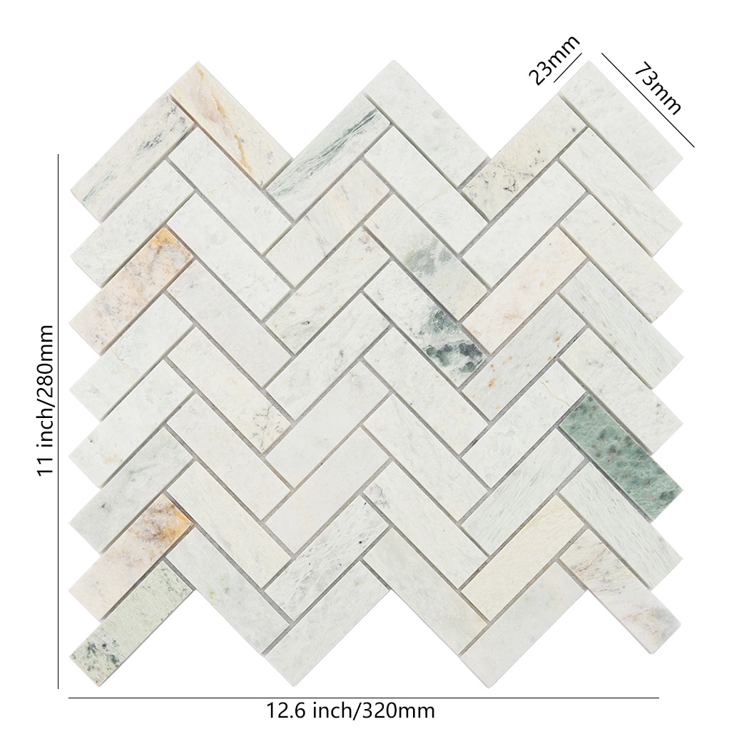 Light green herringbone marble mosaic tile sheet with size details