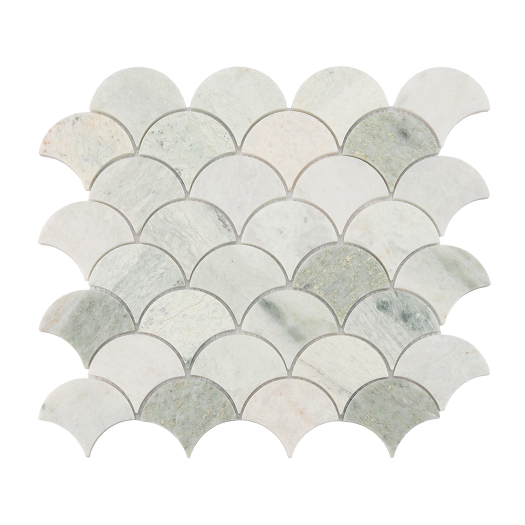 Full sheet view of light green scallop marble mosaic tile