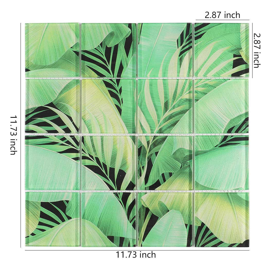 Light green tropical leaf glass mosaic tile sheet with 2.87 inch square pieces