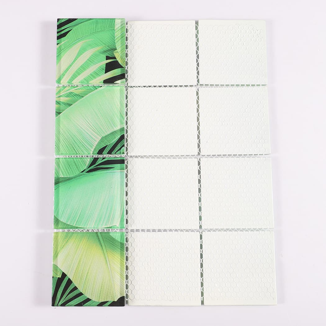 Mesh backing of light green tropical leaf square glass mosaic tile sheet