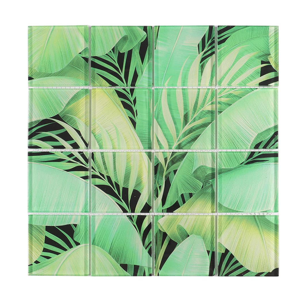 Glossy light green tropical leaf square glass mosaic tile sheet