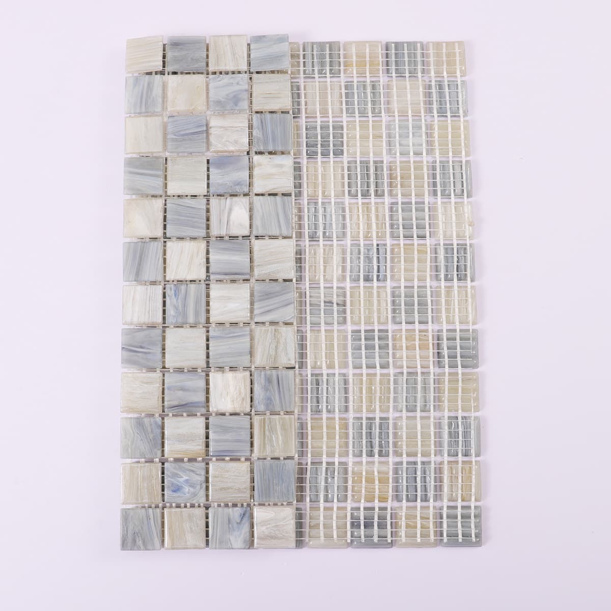 Front and back view of checkered glass mosaic with mesh backing