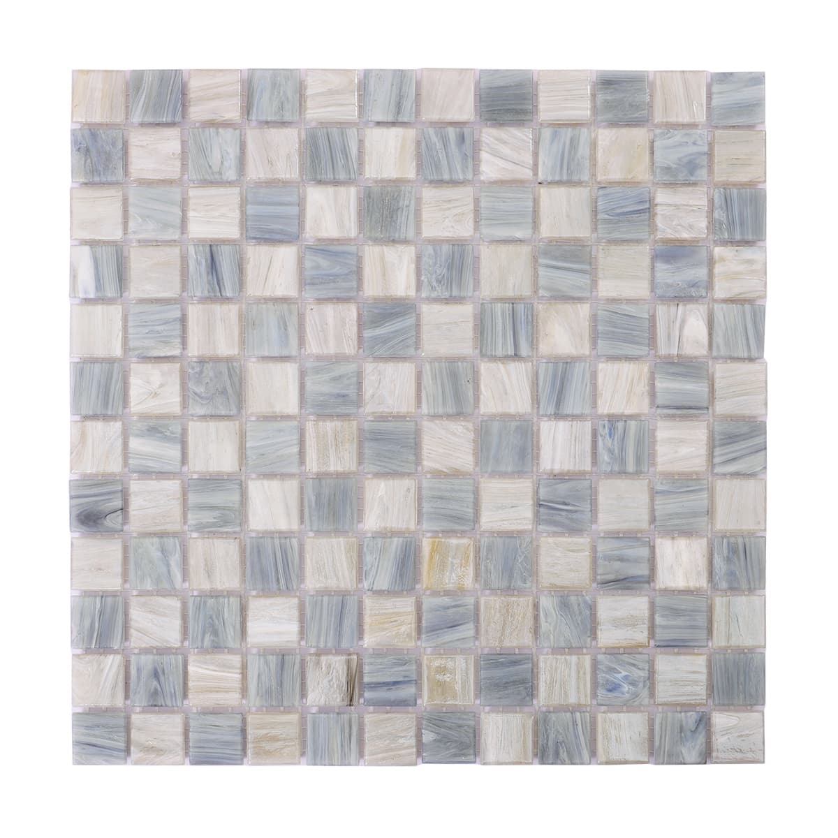 Full front view of light grey blue checkered glass mosaic tile